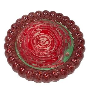 Handmade Resin Trinket Dish 5" Round Red Rose Swirl Glitter Bubble Rim Art